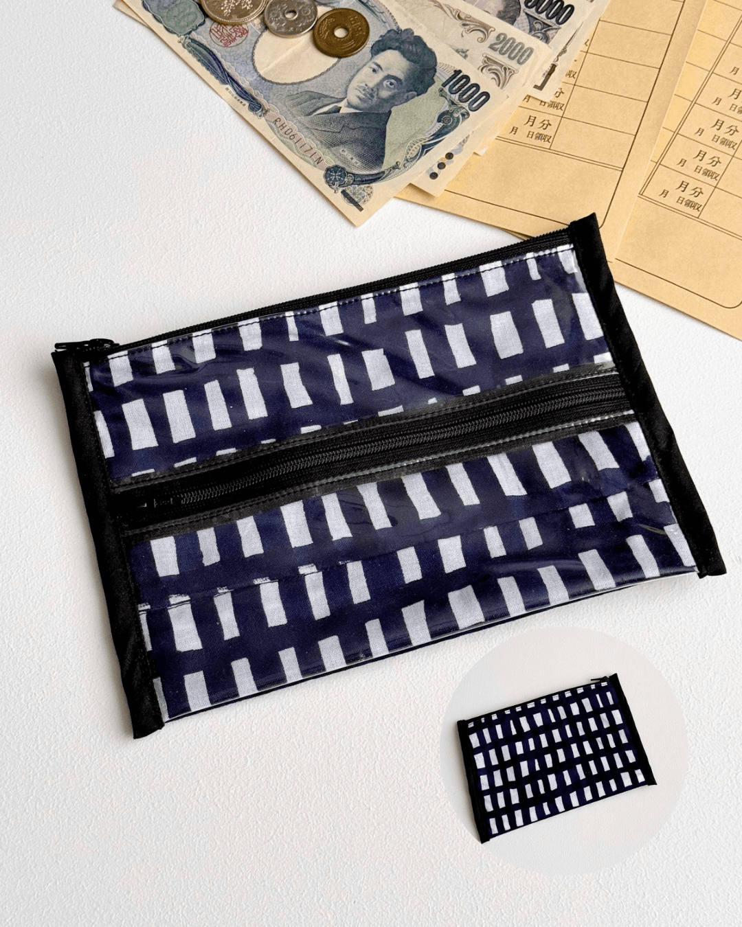 簡単仕分け！お金管理ポーチ♡ ⁡【片面クリアタイプ】sora check white1枚目の画像